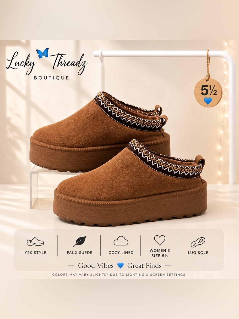 Mudd Chestnut Suede Embroidered Trim Faux Fur Slip On Clog Slippers 5.5